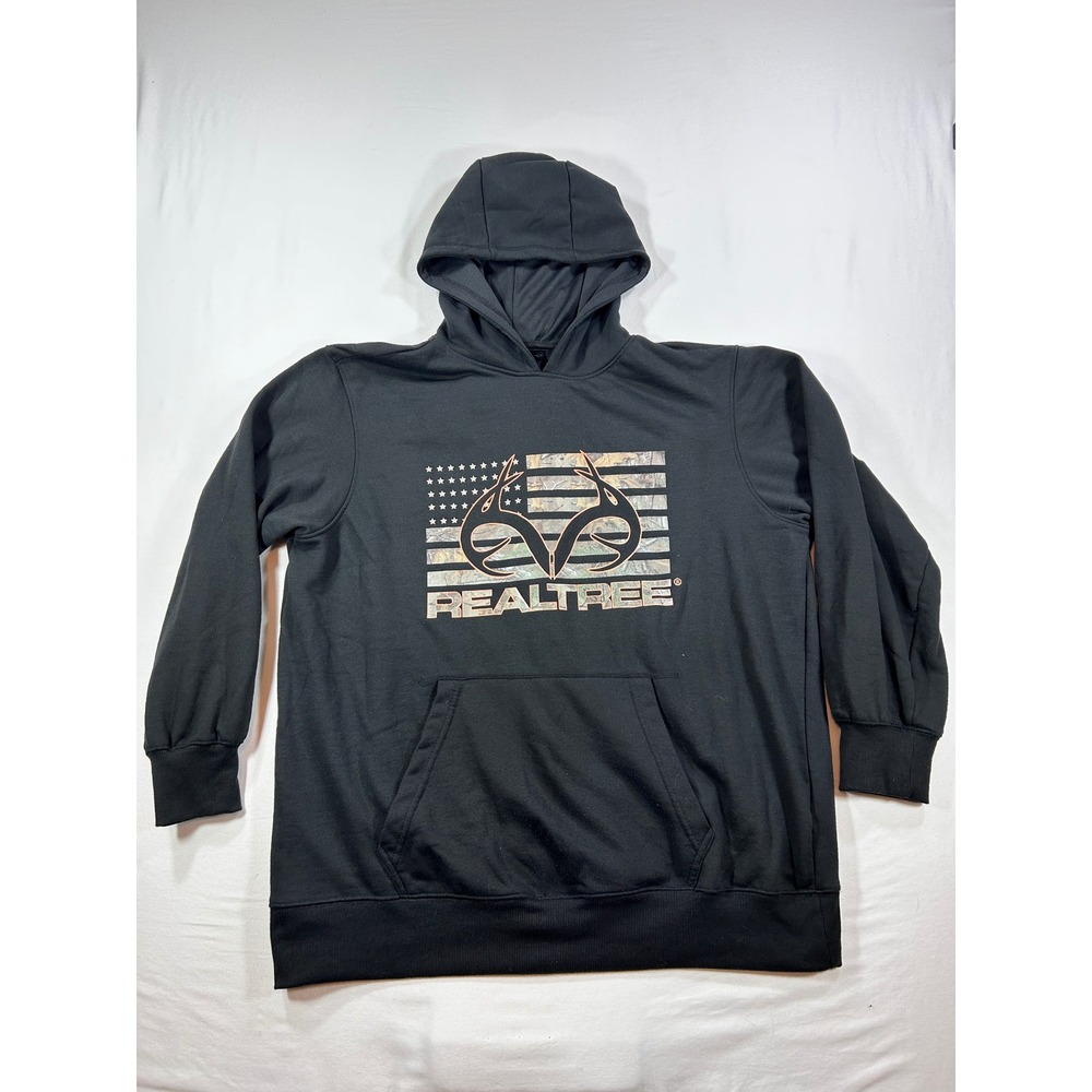 Realtree Mens Fleece Hoodie Black Camo American Flag Logo Sweatshirt XL